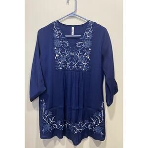 Blue Boho Embroidered Tunic Top 3/4 Sleeve Floral Peasant Style Blouse Size XL